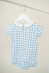 bunnie lou, bunnie lou blue gingham one piece, boys gingham clothing, baby boy clothes