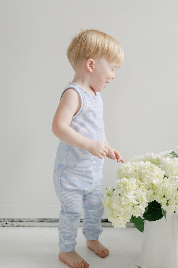 boys light blue seersucker jumpsuit