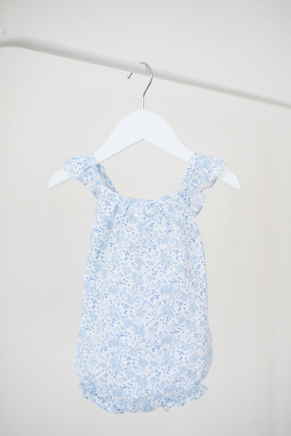 girls floral romper, girls floral bubble, bunnie lou blue floral, bunnie lou romper