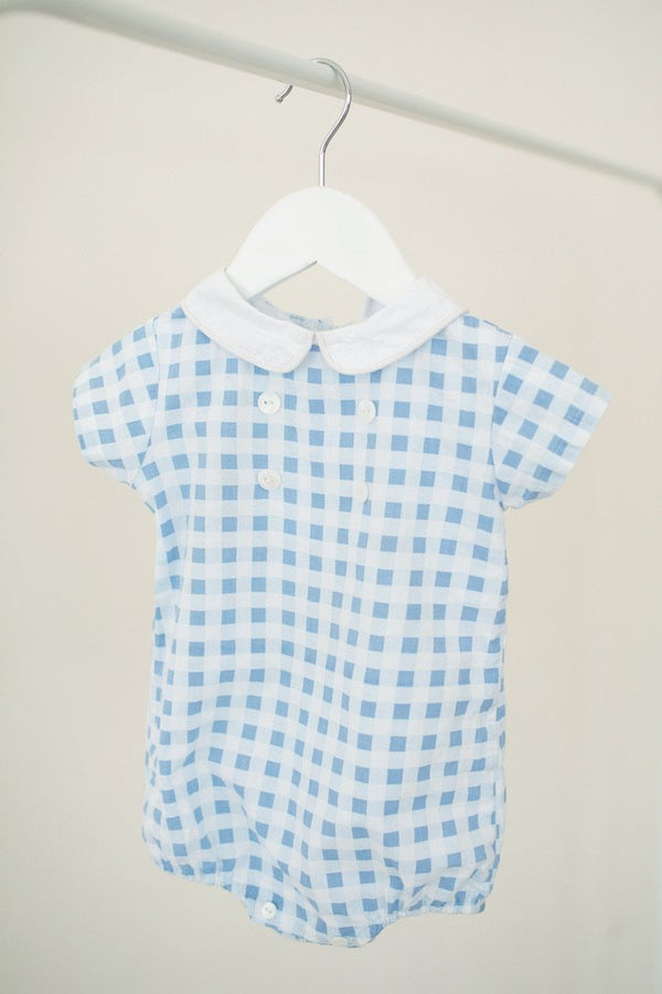 bunnie lou, bunnie lou blue gingham one piece, boys gingham clothing, baby boy clothes 