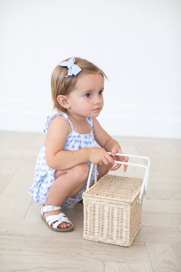 bunnie lou blue gingham romper, bunnie lou crossover romper, bunnie lou, gingham romper for girls