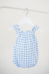 girls gingham romper, baby girls blue gingham romper, blue gingham crossover romper, bunnie lou