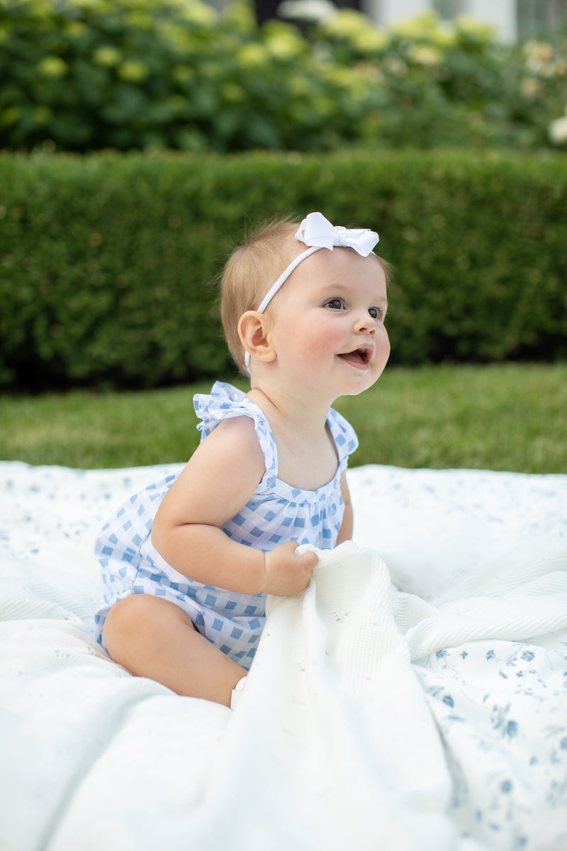 gingham romper for girls, bunnie lou, bunnie lou blue gingham, bunnie lou blue ruffle 